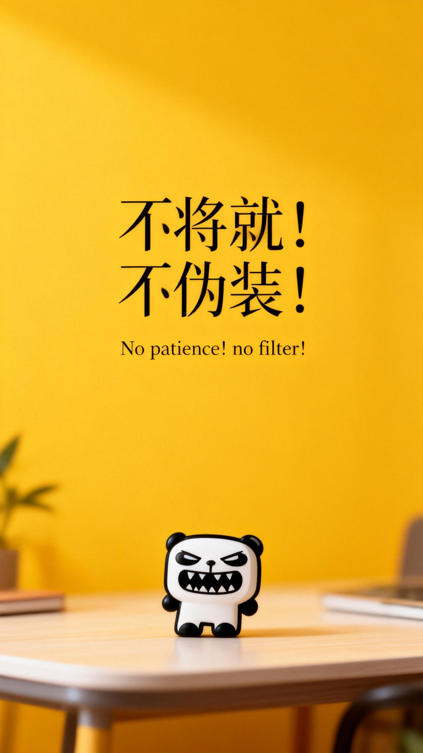 jimeng-2026-02-24-1283-桌面设计，人物小一些放置于画面底部位置，slogan：“不将就！不伪装！”、英文....png