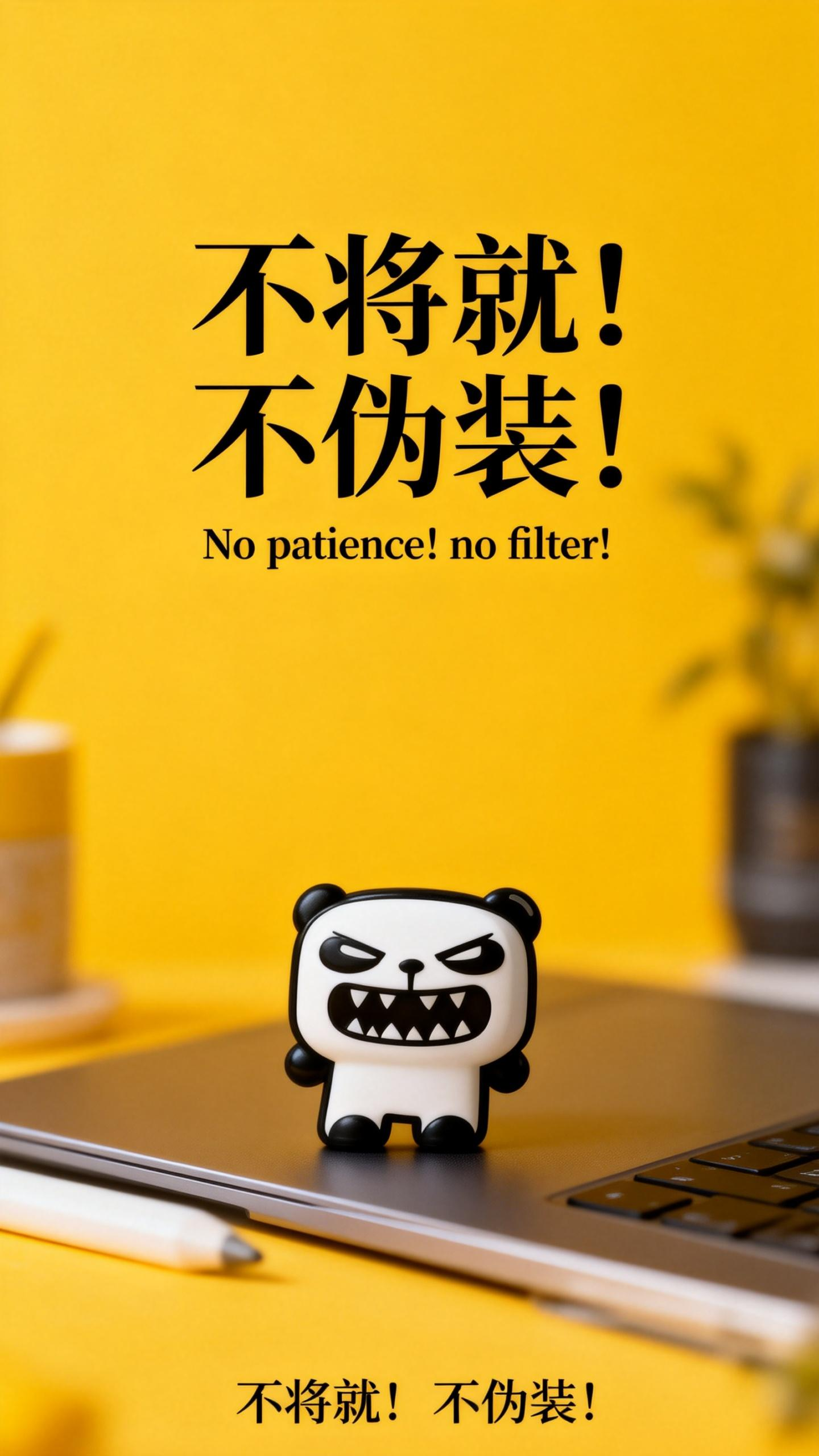 jimeng-2026-02-24-4744-桌面设计，人物小一些放置于画面底部位置，slogan：“不将就！不伪装！”、英文....png