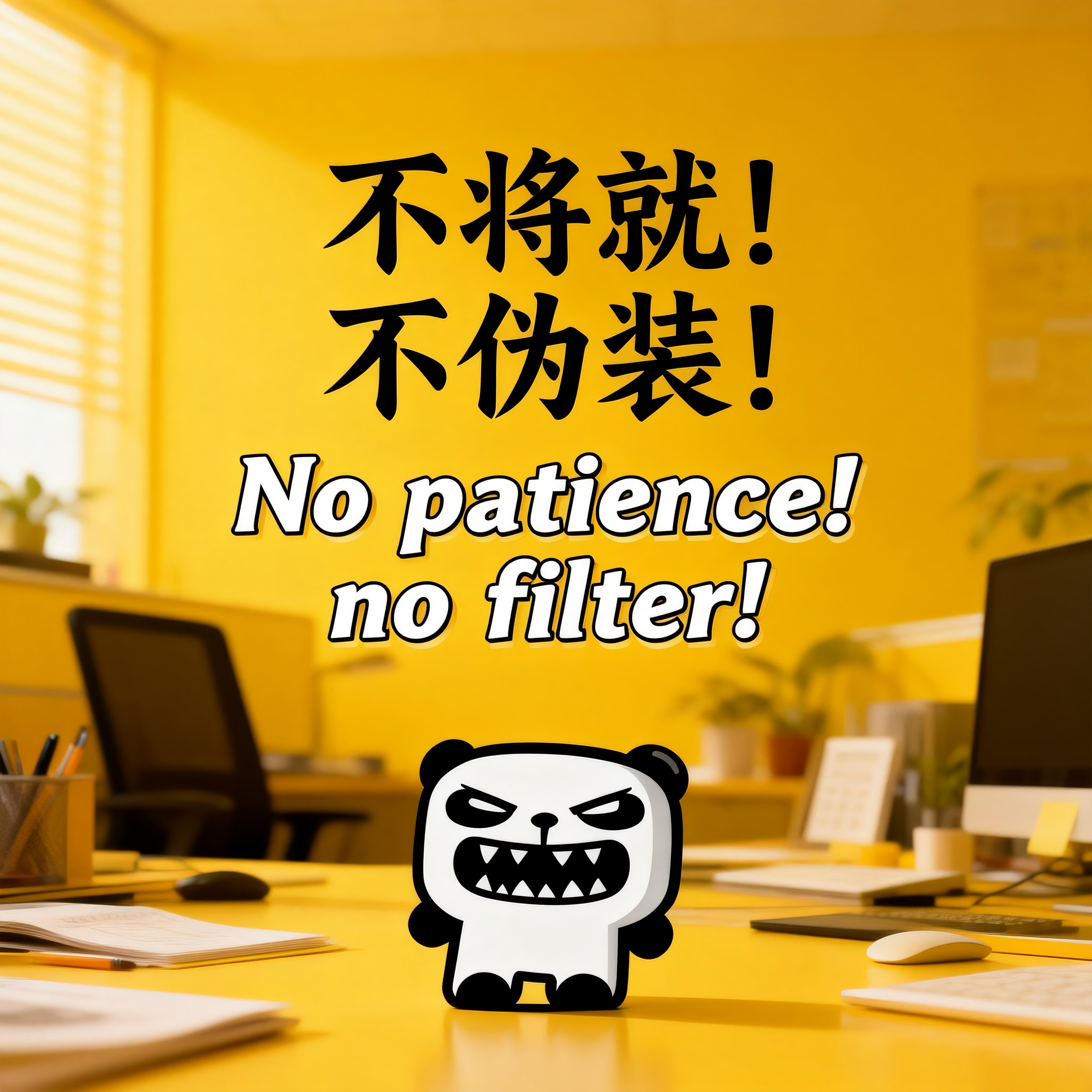 jimeng-2026-02-24-5447-精美壁纸设计，人物小一些放置于画面底部位置，slogan：“不将就！不伪装！”（....png