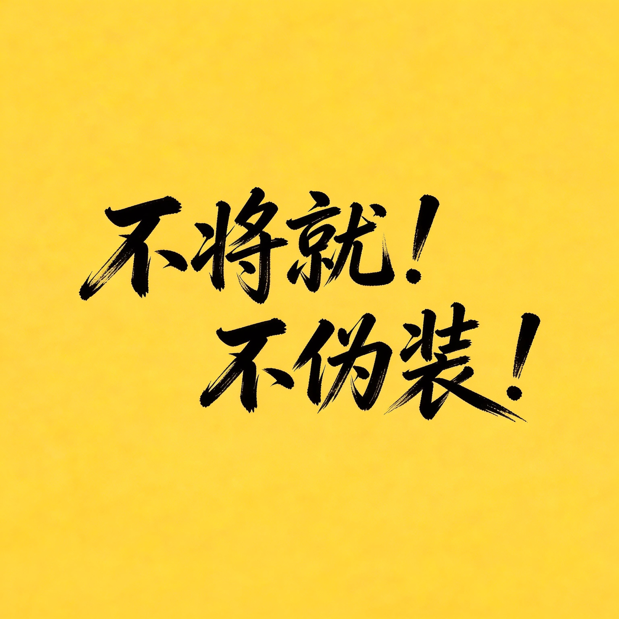 jimeng-2026-02-24-5997-中文字“不将就!不伪装!”，中国书法，行草字体，枯笔飞白质感，苍劲有力，黑底白字....png