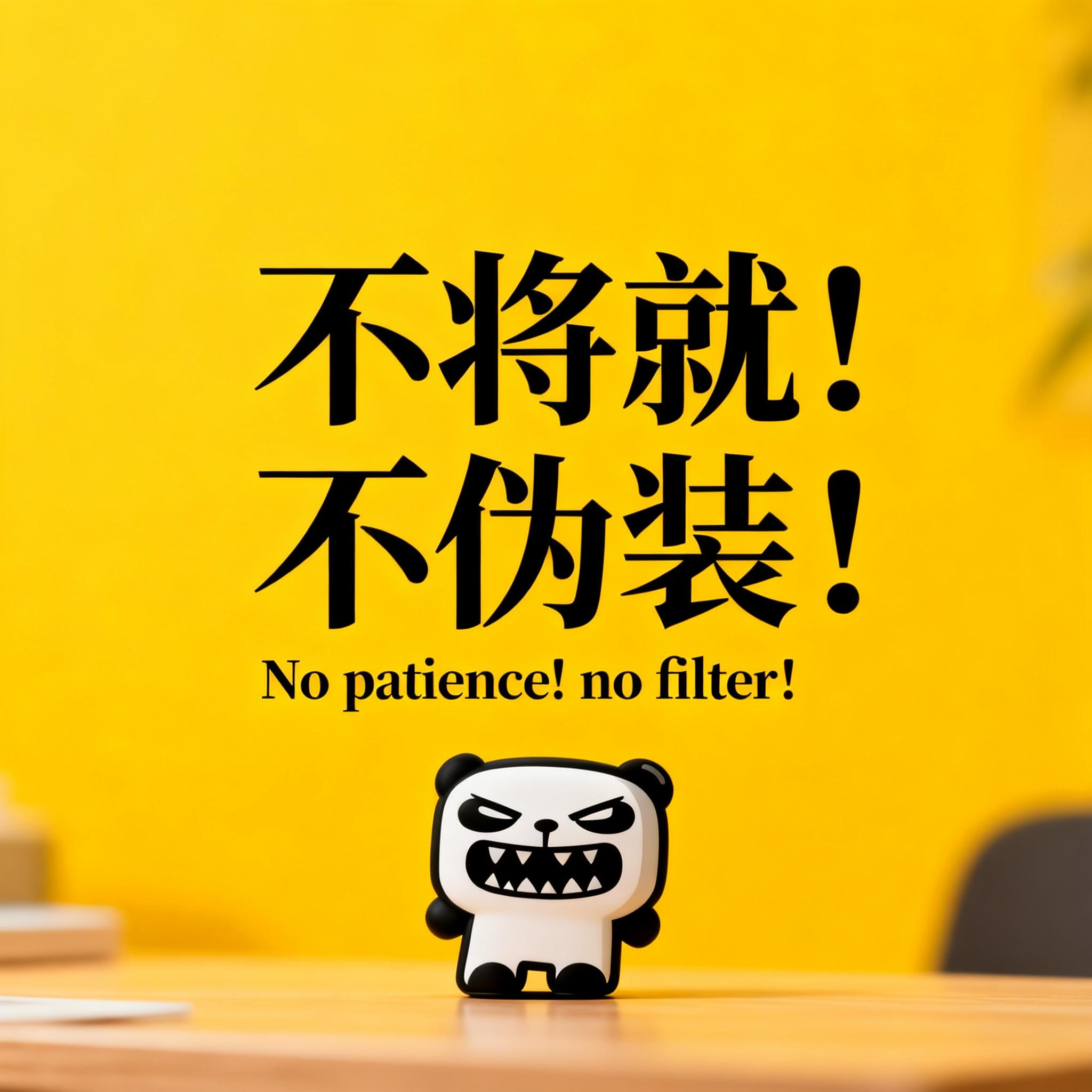 jimeng-2026-02-24-6056-桌面设计，人物小一些放置于画面底部位置，slogan：“不将就！不伪装！”、英文....png