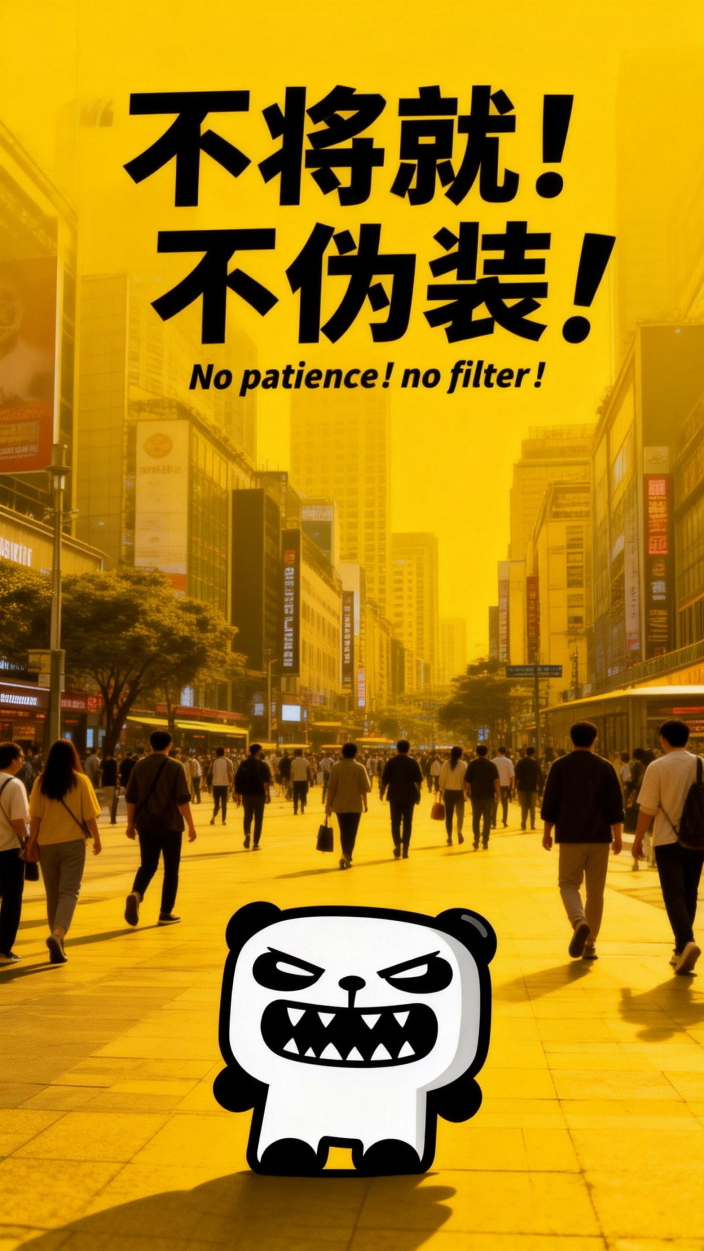 jimeng-2026-02-24-6919-壁纸设计，人物小一些放置于画面底部位置，slogan：“不将就！不伪装！”、英文....png