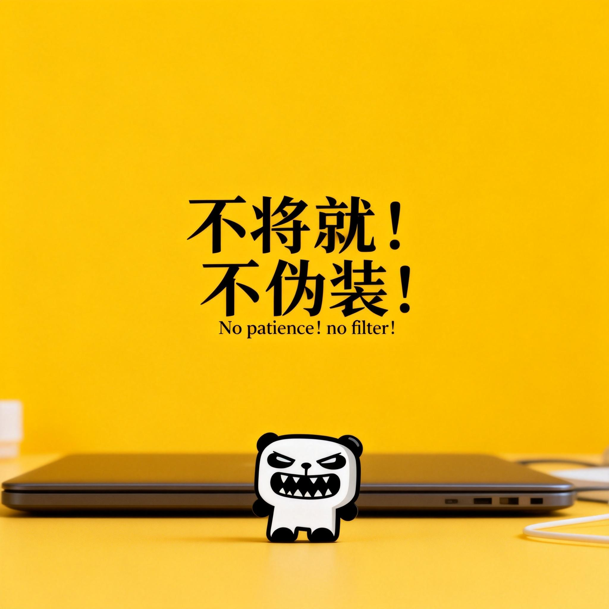 jimeng-2026-02-24-8675-桌面设计，人物小一些放置于画面底部位置，slogan：“不将就！不伪装！”、英文....png